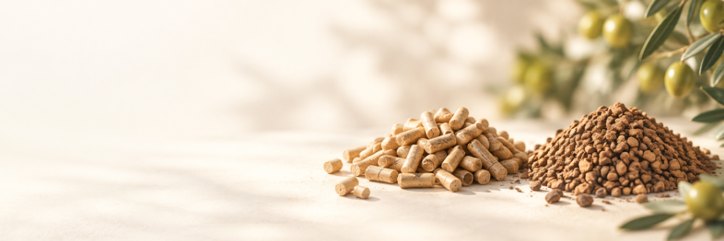 Confronto visivo tra pellet di legno e nocciolino di oliva con rami di ulivo