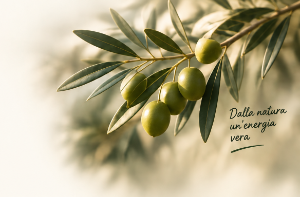 Ramo di ulivo con olive e claim: Dalla natura un'energia vera