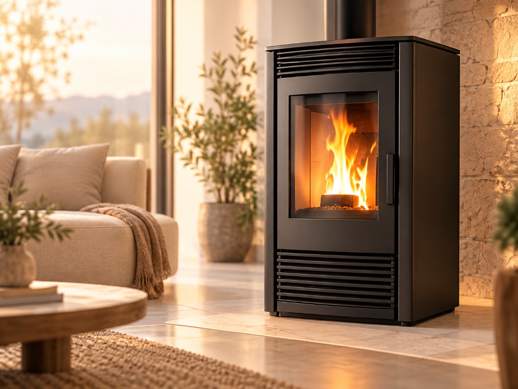 Stufa a biomassa elegante con fiamma accesa in ambiente domestico